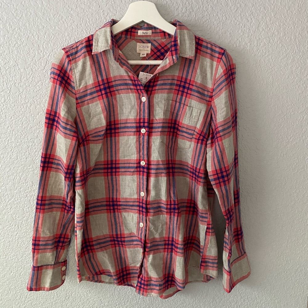J. Crew coral & navy plaid shirt